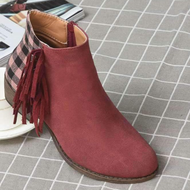 Retro fringed ankle boots plaid block heel boots