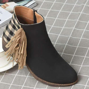 Retro fringed ankle boots plaid block heel boots