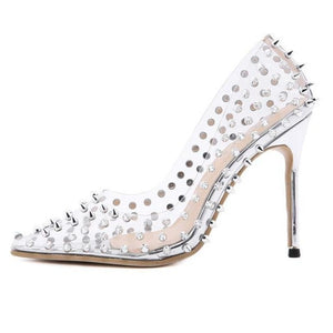 Women studded pointed closed toe high stiletto clear heels