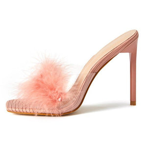 Women square peep toe faux fur slide stiletto heels