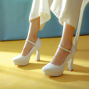 Women's sequins rhinestone ankle strap platform chunky high heels pumps | Party dress heels