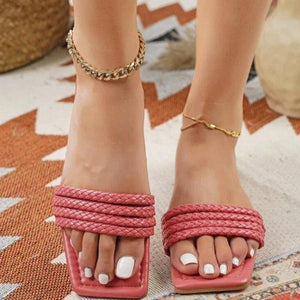 Women fashion woven strap square toe slide flat sandals