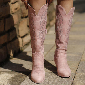 Embroidered Chunky Heel Women Wide Calf Pink Western Cowboy Boots