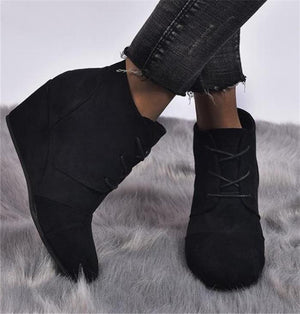 Women ankle short round toe lace up wedge boots