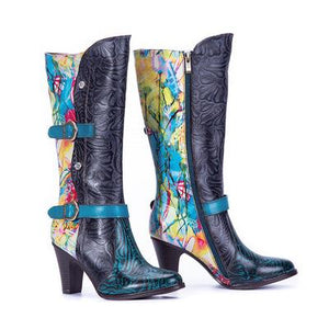 Women colorful printed leather block heel knee high boots