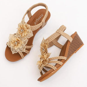Women cute flowers peep toe slingback slip on wedge sandals