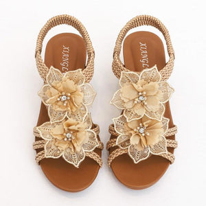 Women cute flowers d¨¦cor peep toe slingback slip on wedge sandals