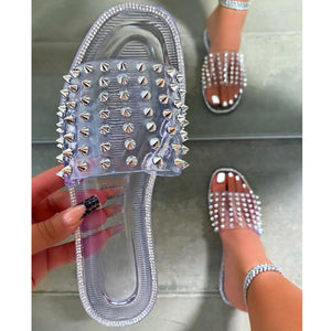 Women peep toe flat slide studded jelly sandals