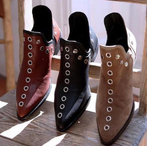 Women's vintage studded side slit ankle boots fashion pointed toe short boots