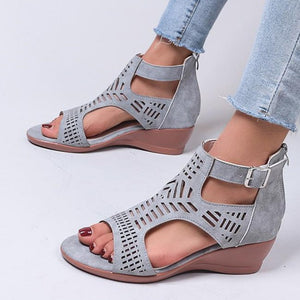 Women peep toe hollow breathable buckle strap back zipper wede sandals