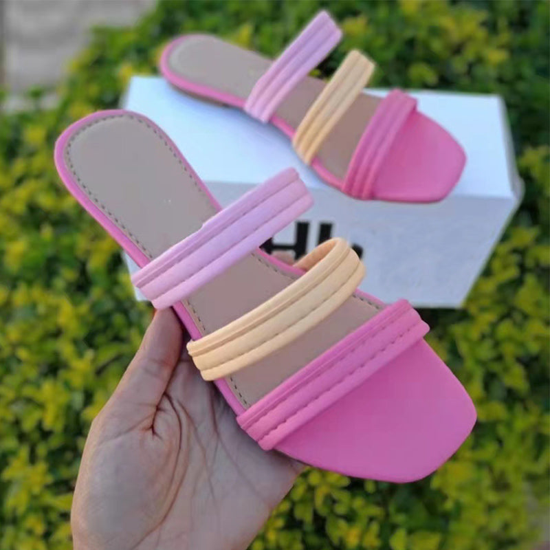 Women color block three strap square toe flat slide sandals