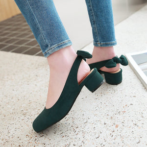 Women solid color bowknot slingback closed toe chunky heel sandals