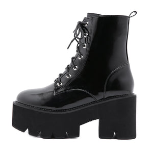 Women's black thick platform combat boots zipper front lace punk boots
