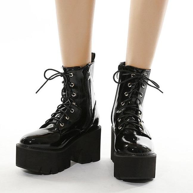 Women's black thick platform combat boots zipper front lace punk boots