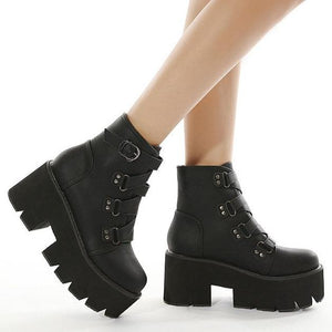 Women's black thick platform punk boots buckle strap chunky gothic ankle boots