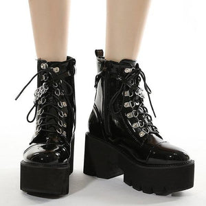 Women's black thick platform stempunk ankle boots metal décor gothic boots