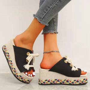 Women espadrille color block woven slide chunky platform sandals