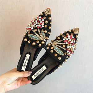 Women rhinestone studded pointed closed toe mules shoes sandals