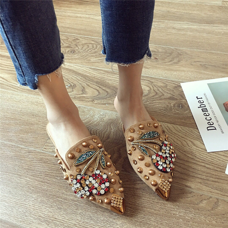 Women rhinestone studded pointed closed toe mules shoes sandals