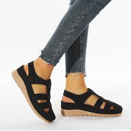 Women platform slingback hollow breathable magic tape closed toe sandals