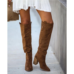 Women's suede square heeled knee high boots fashion stacked heel boots