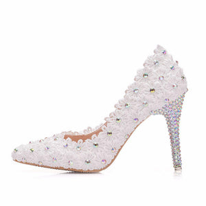 Elegant white floral lace rhinestone wedding stiletto heels