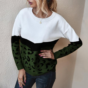 Women's fashion leopard patchwork knitted sweater crew neck pullover sweater