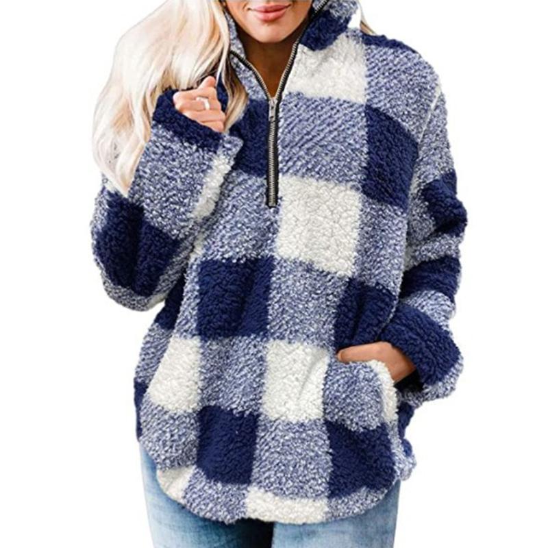 Women plaid chunky high neck faux fur quarter zip pullover