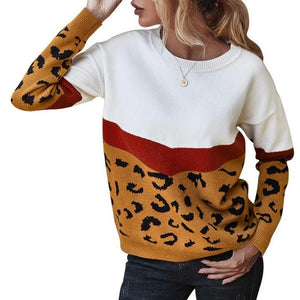 Women's fashion leopard patchwork knitted sweater crew neck pullover sweater