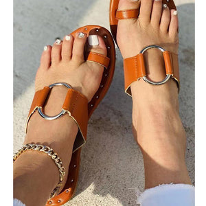 Women clip toe metal ring strap flat slide sandals