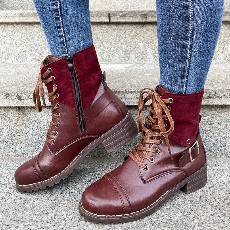 Women's vintage zipper combat boots buckle strap front lace booties