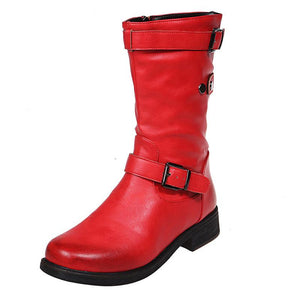 Women's buckle strap mid calf motorcycle boots low heel