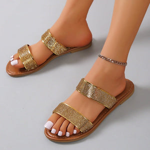 Women fashion rhinestone two strap flat slide sandals