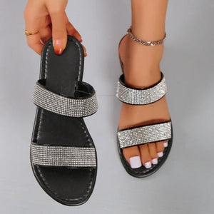 Women fashion rhinestone two strap flat slide sandals
