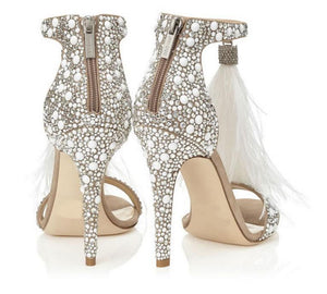 Women wedding feather fringe stiletto sparkly rhinestone heels