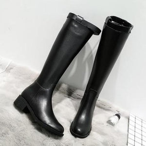Women's black knee high riding boots low square heel knee high boots