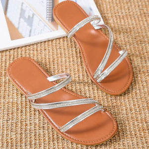 Women summer rhinestone strappy beach slide flat sandals