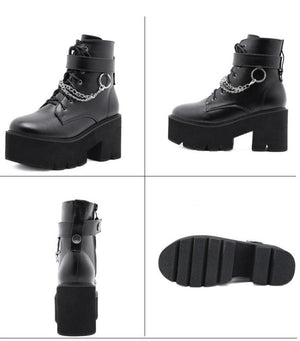 Women's black thick platform metal décor punk booties buckle strap zipper boots