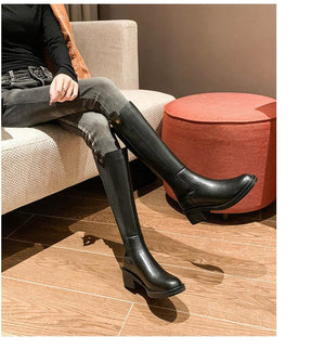 Women's black knee high chelsea boots chunky elastic boots