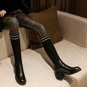 Women's black knee high stretchy sock boots knitted chunky block heel boots