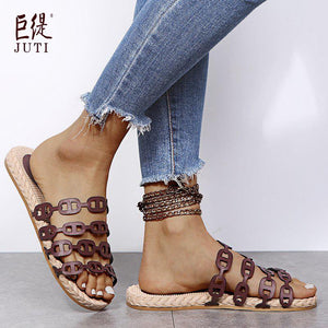 Women open toe black strap 
summer slide sandals