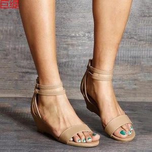 Women solid color side hollow buckle strap wedge sandals