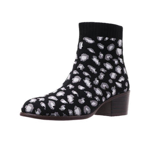 Women's knitted square heel ankle boots leopard print pointed toe booties