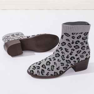 Women's knitted square heel ankle boots leopard print pointed toe booties