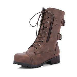 Women's mid calf combat boots chunky low heel zipper boots