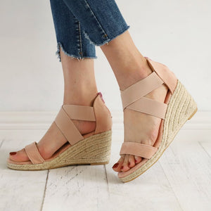 Women peep toe criss cross strap hollow espadrille wedge sandals