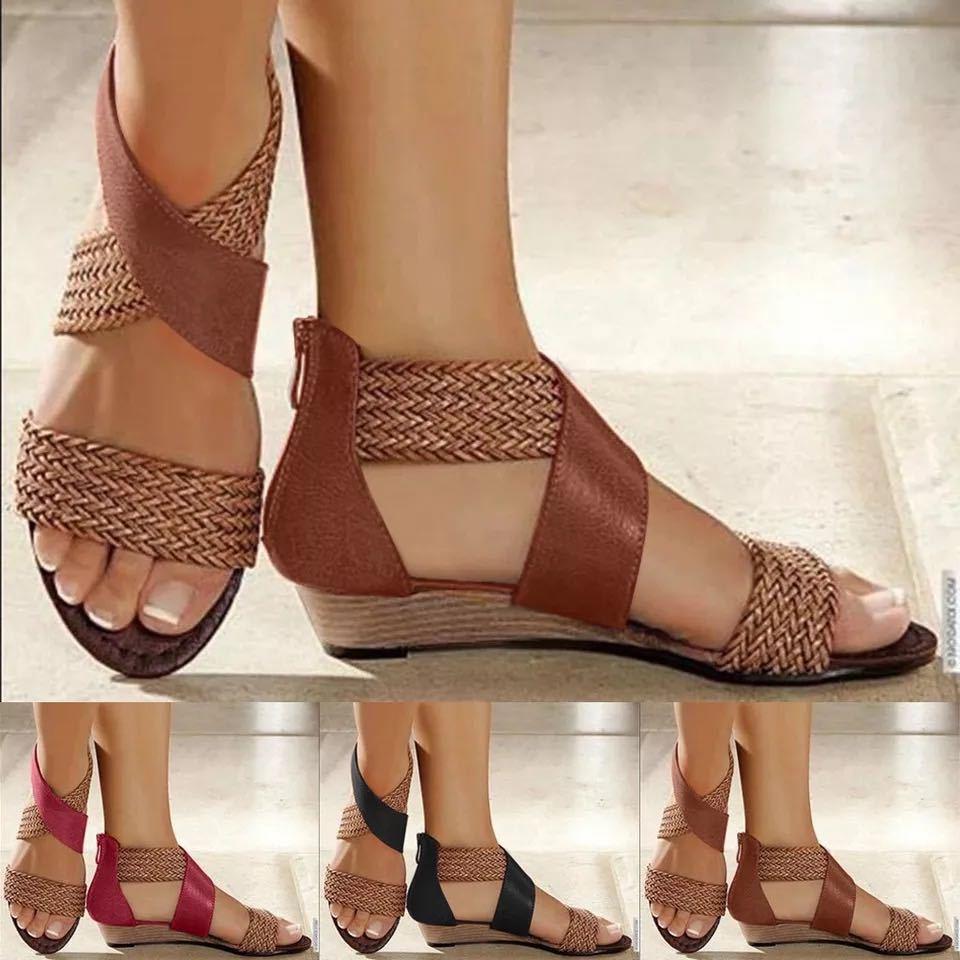 Women's boho braided criss cross low wedge sandals with back zipper