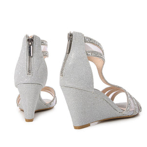 Women sequin peep toe hollow summer wedge silver sandals