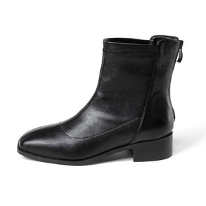 Women's black zipper ankle boots square toe chunky low heel zipper boots