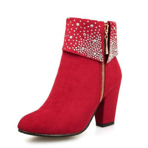 Women's rivets décor fold down ankle block heel zipper ankle boots